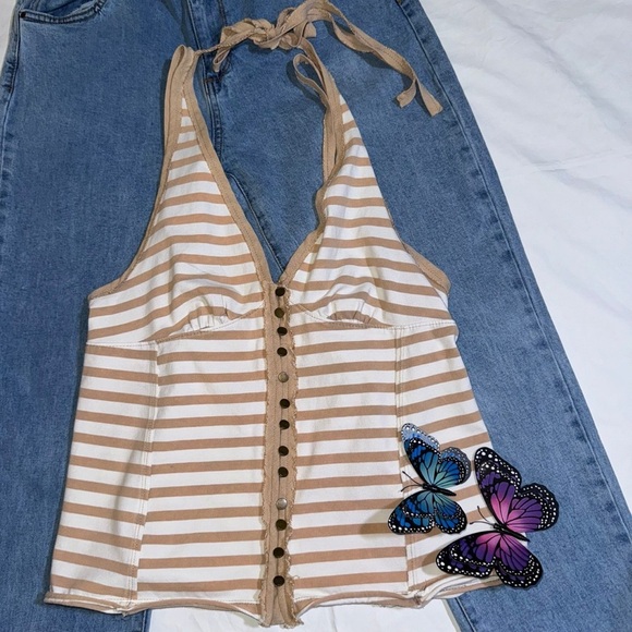 We The Free Halter tank top Striped Shirt Open Shoulder Tie Back Size Small - Picture 1 of 10